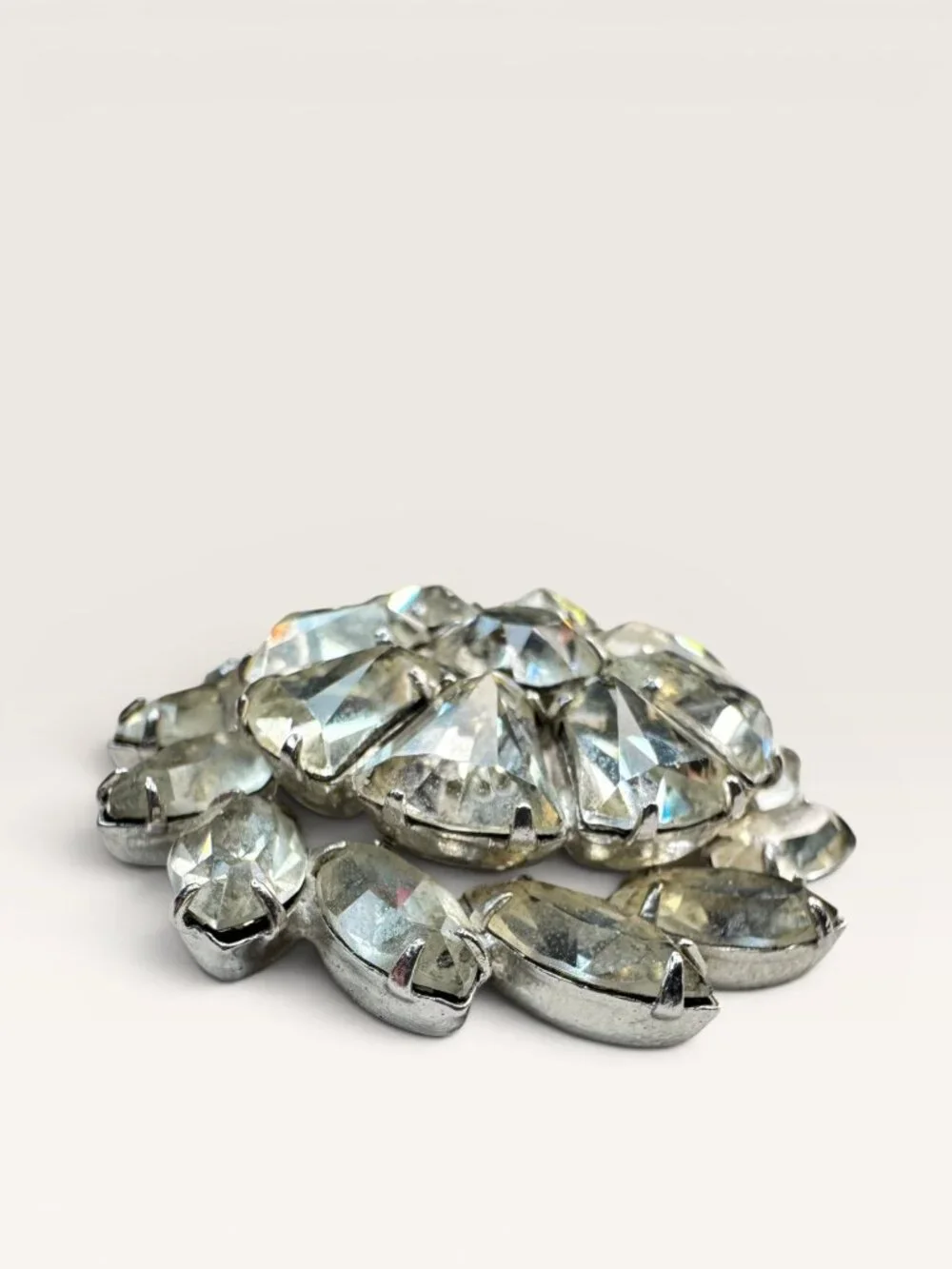 Weiss Mid Century Crystal Rhinestone Brooch Silver Tone Multi Cut Floral Vintage